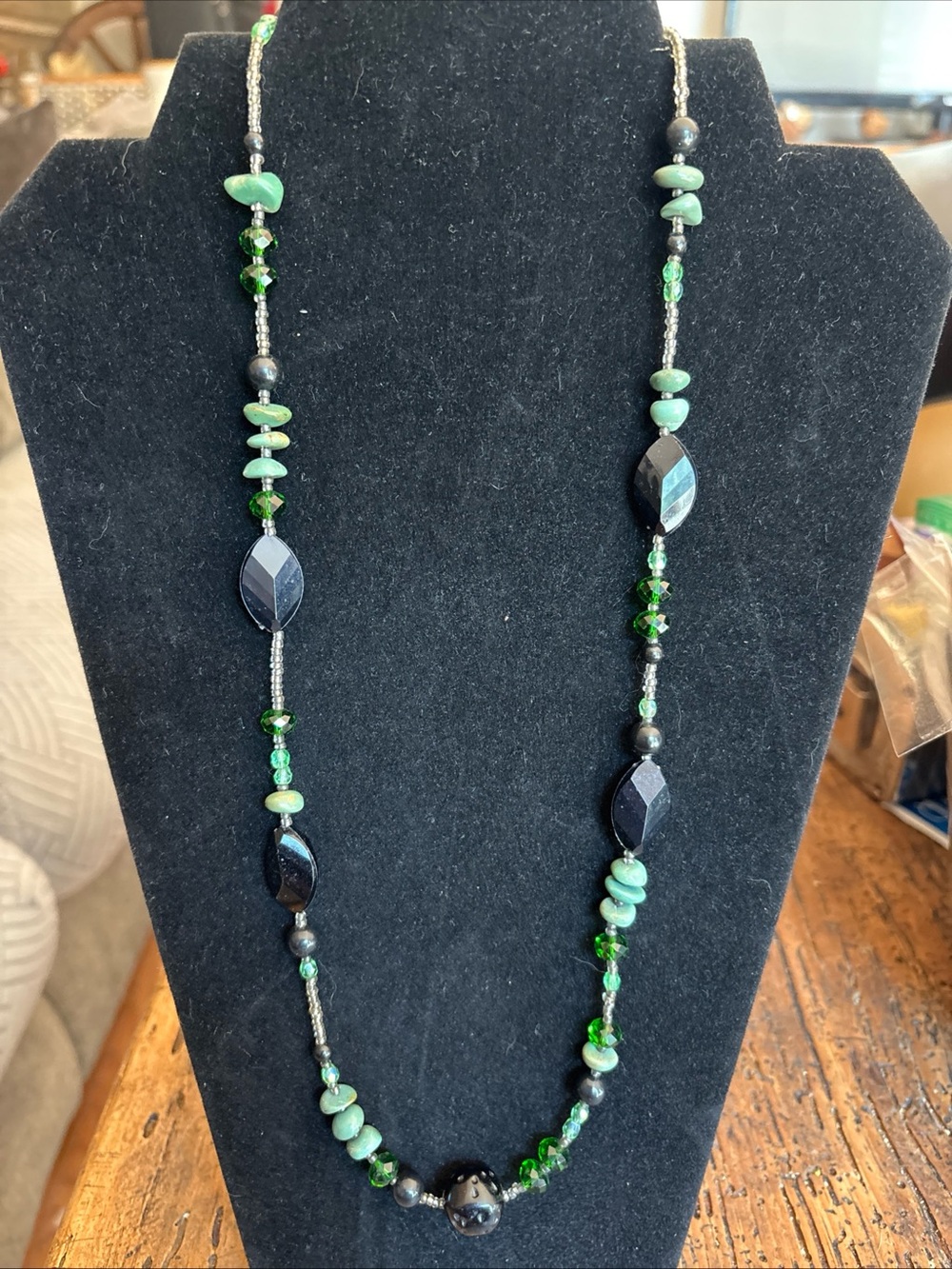 Green and Black Bead Long Necklace